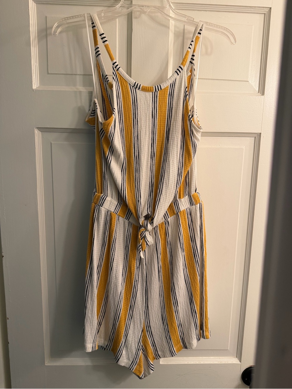 Striped Tie-Front Romper in White, Yellow & Black